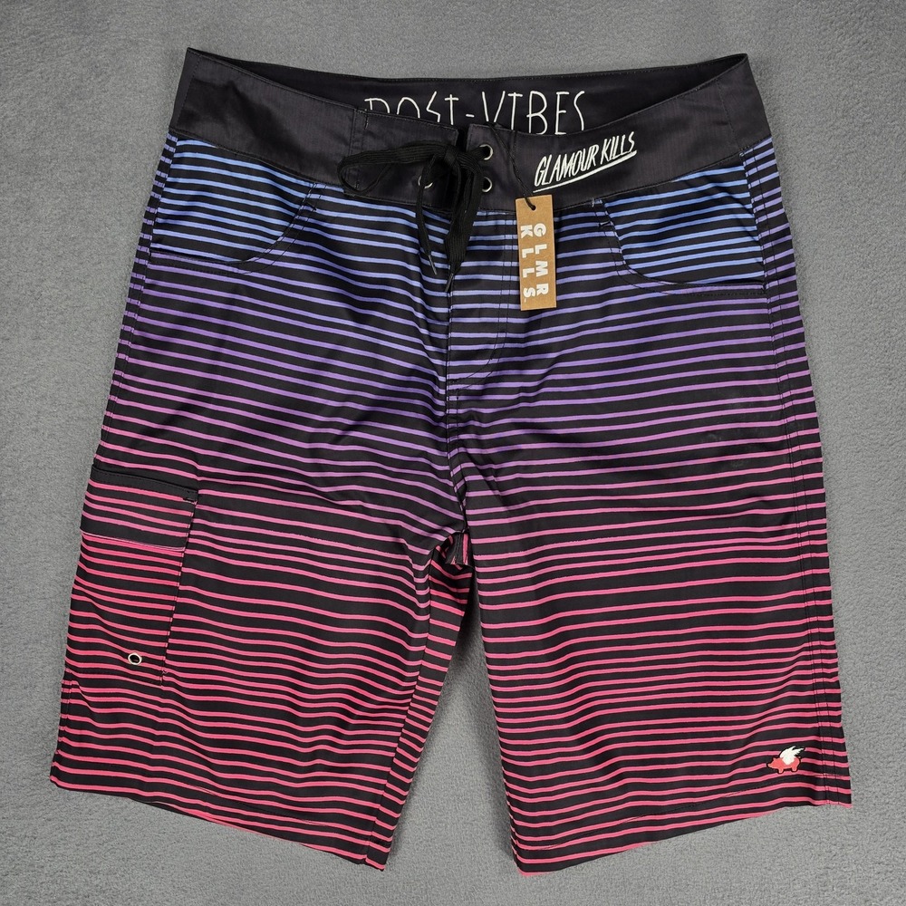 Glamour Kills Swim Trunks Shorts Mens 32 Black Stripe Boardshorts Quick Dry NWT